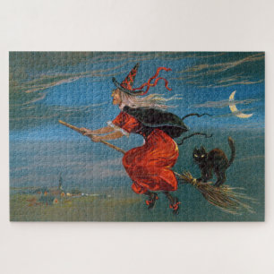 Witch Flying with Black Cat on Halloween Night  Jigsaw Puzzle