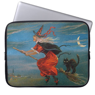 Witch Flying with Black Cat on Halloween Night  Laptop Sleeve