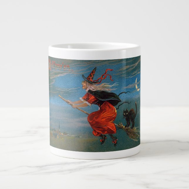 Witch Flying with Black Cat on Halloween Night  Large Coffee Mug (Front)