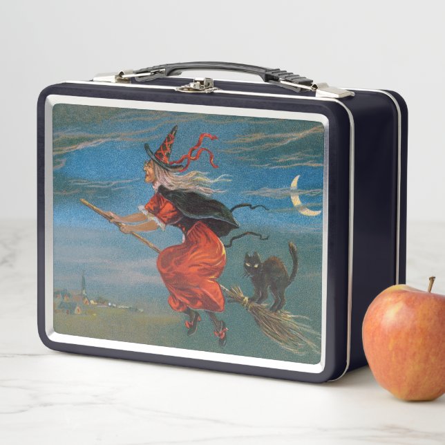 Witch Flying with Black Cat on Halloween Night  Metal Lunch Box (In Situ)