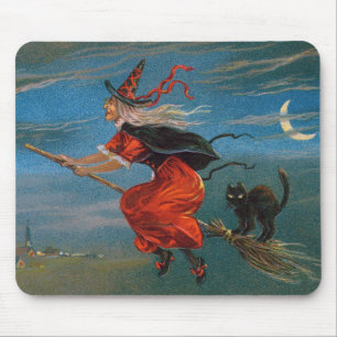 Witch Flying with Black Cat on Halloween Night  Mouse Pad