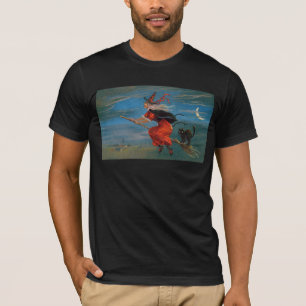 Witch Flying with Black Cat on Halloween Night  T-Shirt