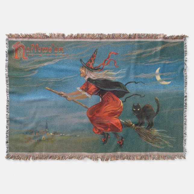Witch Flying with Black Cat on Halloween Night  Throw Blanket (Front)