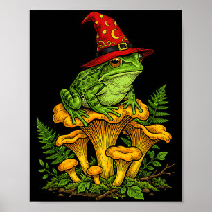 Witch frog sitting on mushrooms halloween magic poster