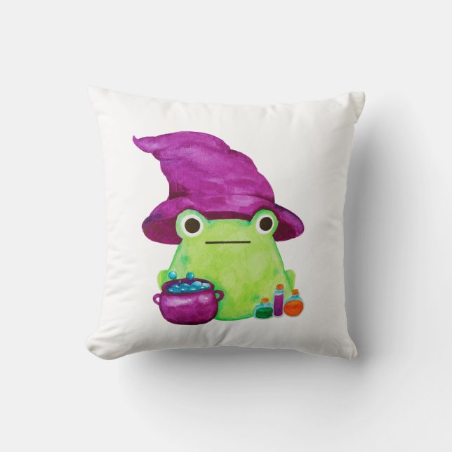Witch Frog With Caldron and Potions Watercolor Cushion (Front)
