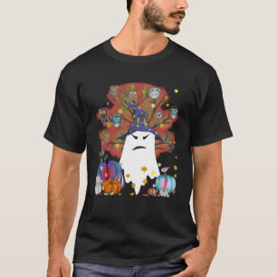 Witch Ghost Cat Pumpkin Coffee Lover Autumn Leaves T-Shirt