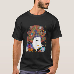 Witch Ghost Cat Pumpkin Coffee Lover Autumn Leaves T-Shirt