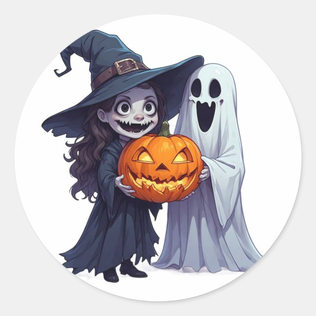 Witch Ghost Pumpkin Patch Halloween 🎃 Classic Round Sticker (Front)