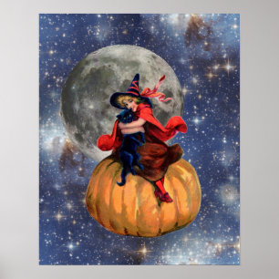 Witch Girl and Cat Moon Halloween Poster