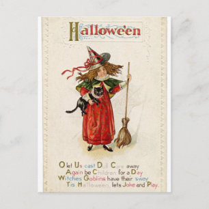 Witch Girl Cat Halloween Rhyme Postcard