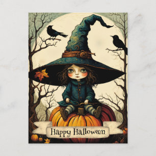 Witch Girl Pumpkin Happy Halloween Postcard