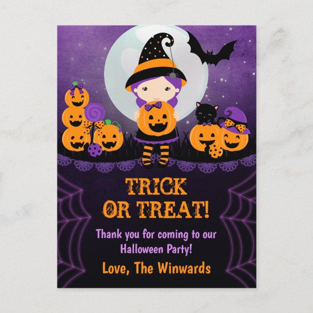Witch Girl Pumpkins Halloween Party Thank You Postcard (Front)