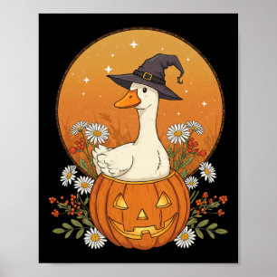 Witch Goose Halloween Pumpkin Flowers Cute Funny Poster