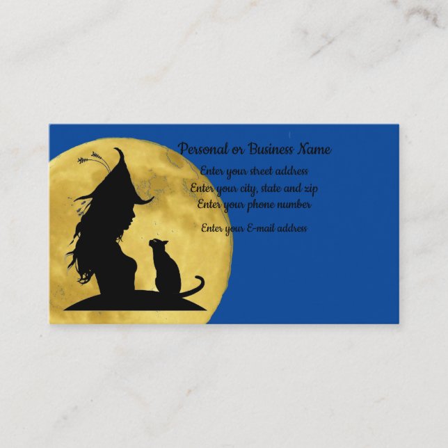 Witch greeting black cat silhouette fullmoon business card (Front)