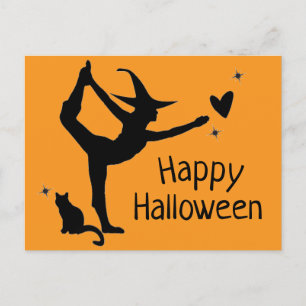 Witch Halloween Namaste Yoga Orange Black Modern Postcard
