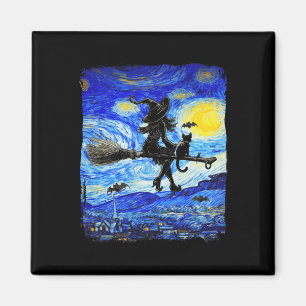 Witch Halloween Starry Night Van Gogh Aesthetic Pa Magnet