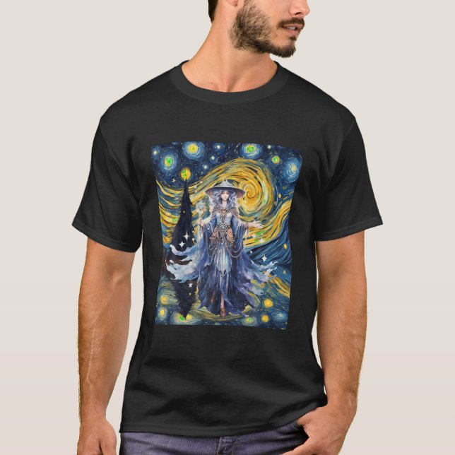 Witch Halloween Starry Night Van Gogh Aesthetic Pa T-Shirt (Front)