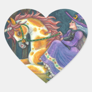 WITCH & HALLOWEEN UNICORN, BLACK CAT Fantasy Horse Heart Sticker