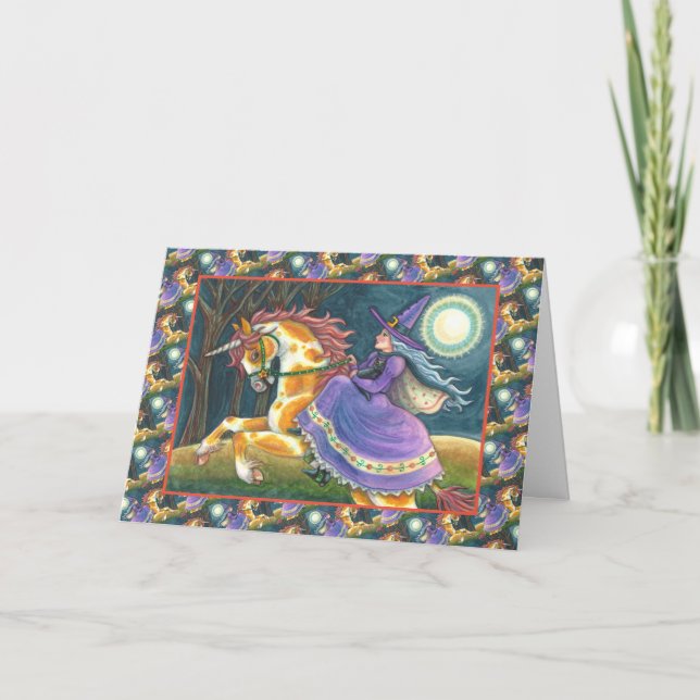 WITCH & HALLOWEEN UNICORN, BLACK CAT Fantasy Horse Holiday Card (Front)