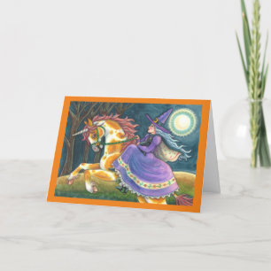 WITCH & HALLOWEEN UNICORN, BLACK CAT Fantasy Horse Holiday Card