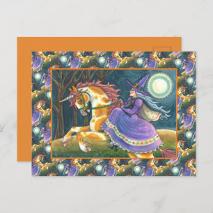 WITCH & HALLOWEEN UNICORN, BLACK CAT Fantasy Horse Holiday Postcard