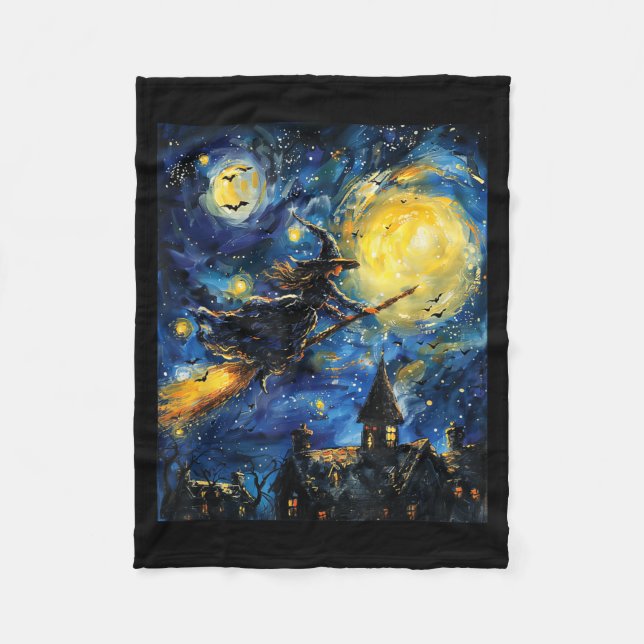 Witch Halloween Van Gogh Style Starry Night Fleece Blanket (Front)