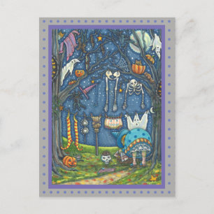 WITCH HANGING BLACK CAT, GHOST, SKELETON LAUNDRY POSTCARD