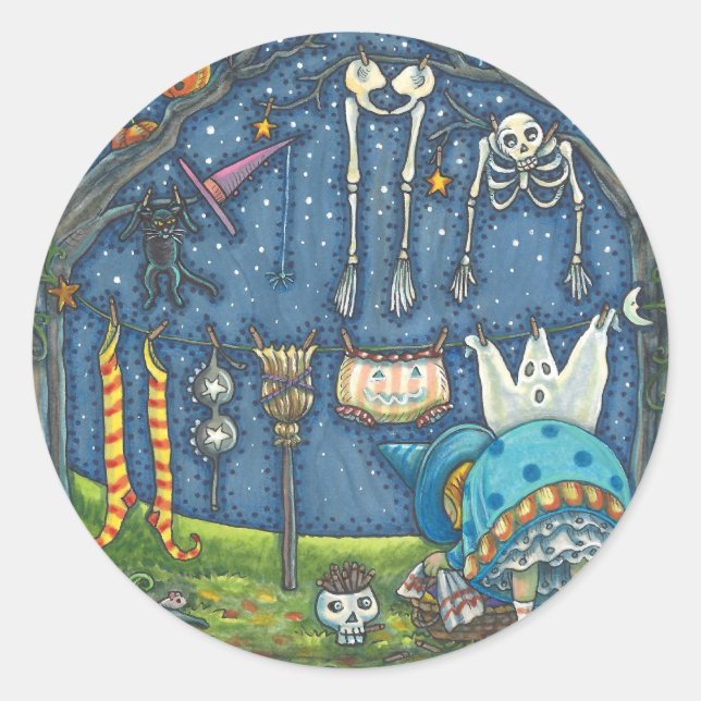 WITCH HANGING HER BLACK CAT, GHOST, SKELLY LAUNDRY CLASSIC ROUND STICKER (Front)