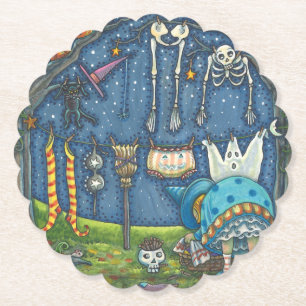 WITCH HANGING HER BLACK CAT, GHOST, SKELLY LAUNDRY PAPER COASTER