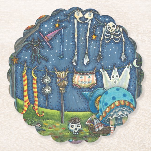 WITCH HANGING HER BLACK CAT, GHOST, SKELLY LAUNDRY PAPER COASTER (Front)