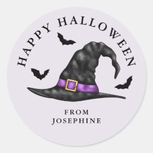 Witch Hat And Bats Lilac Happy Halloween Classic Round Sticker