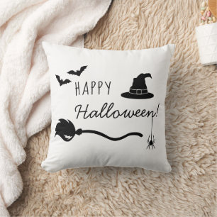 Witch Hat And Broom With Spider And Bats Halloween Cushion