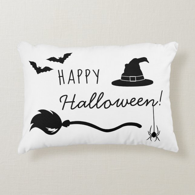 Witch Hat And Broom With Spider And Bats Halloween Decorative Cushion (Front)