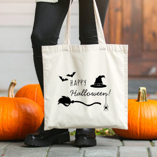 Witch Hat And Broom With Spider And Bats Halloween Tote Bag