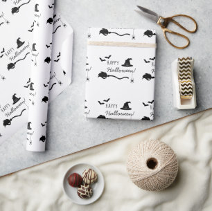 Witch Hat And Broom With Spider And Bats Halloween Wrapping Paper