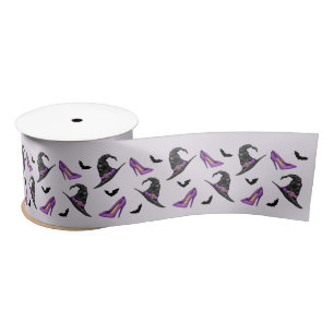 Witch Hat And Heels With Bats Lilac Halloween Satin Ribbon