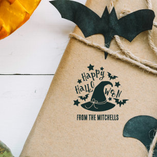 Witch Hat & Bats Happy Halloween From Rubber Stamp