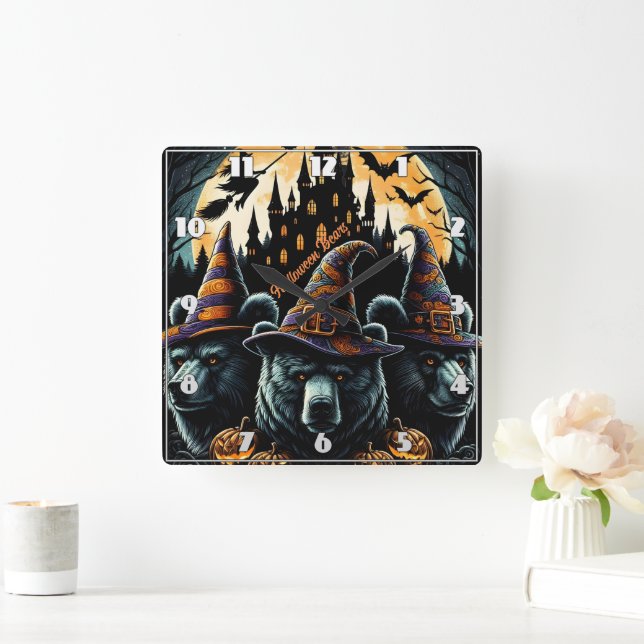 Witch hat bears under full moon square wall clock (Home)