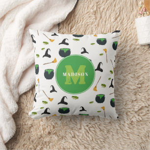 Witch Hat Broom Cauldron Halloween Monogram Cushion