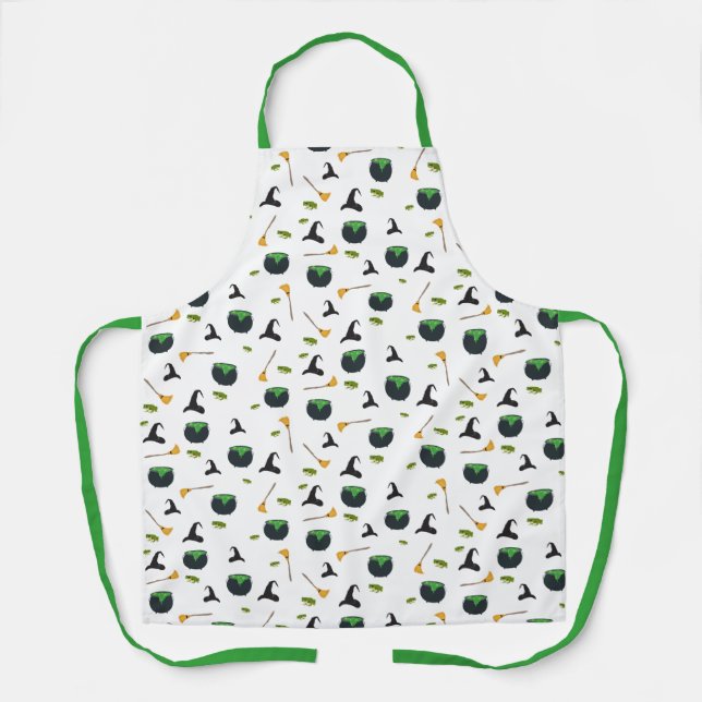 Witch Hat Broom Cauldron Halloween Pattern Apron (Front)