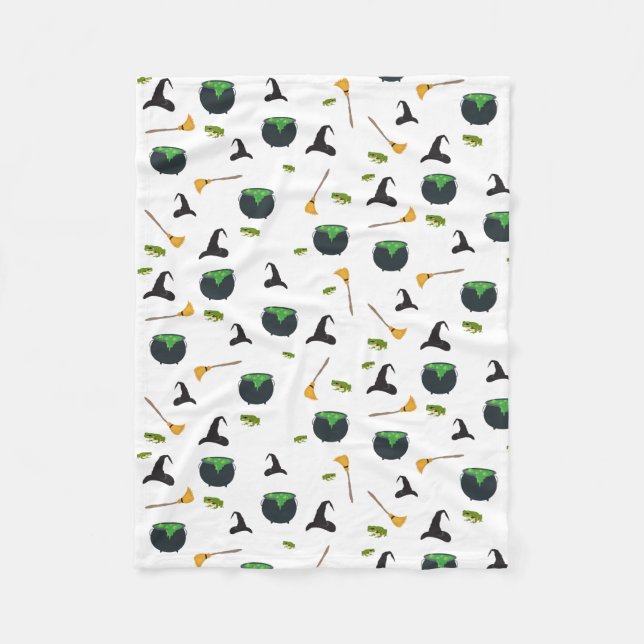 Witch Hat Broom Cauldron Halloween Pattern Fleece Blanket (Front)