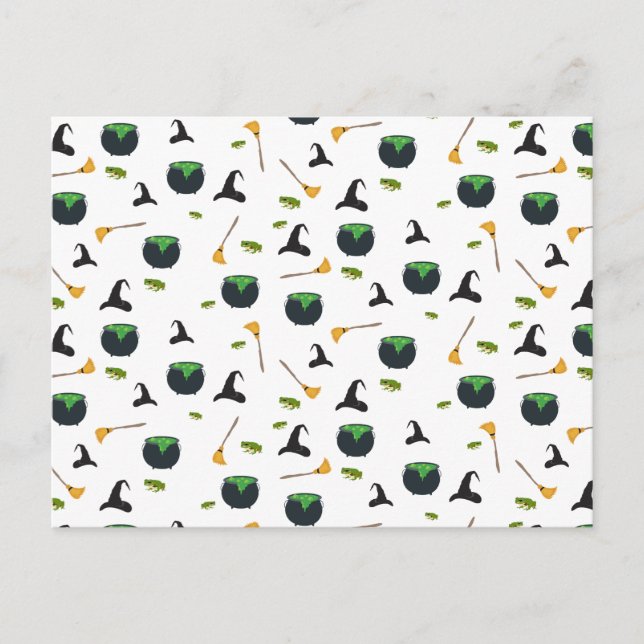 Witch Hat Broom Cauldron Halloween Pattern Holiday Postcard (Front)