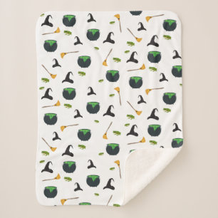 Witch Hat Broom Cauldron Halloween Pattern Sherpa Blanket