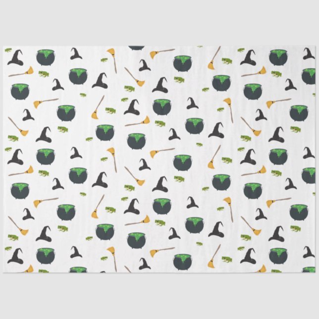 Witch Hat Broom Cauldron Halloween Pattern Tissue Paper (Front)