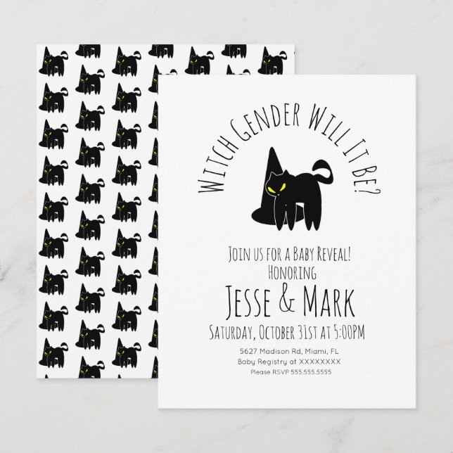 Witch Hat Cat Halloween Fall Gender Reveal  Invitation (Front/Back)