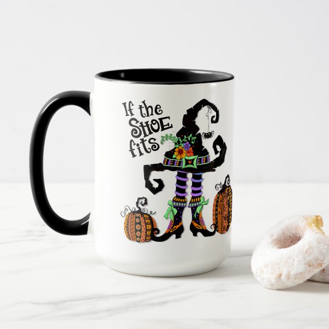 Witch Hat Funny If the Shoe Fits Halloween Mug (With Donut)