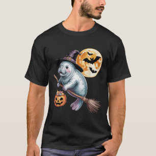 Witch Hat Manatee Riding Broomstick Halloween Pump T-Shirt