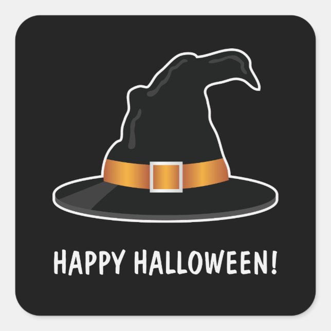 Witch Hat Orange Witch's Hat Happy Halloween Black Square Sticker (Front)