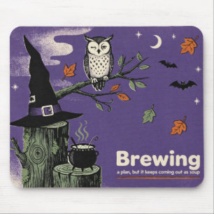 Witch Hat Owl Cauldron Risograph Style Mouse Pad