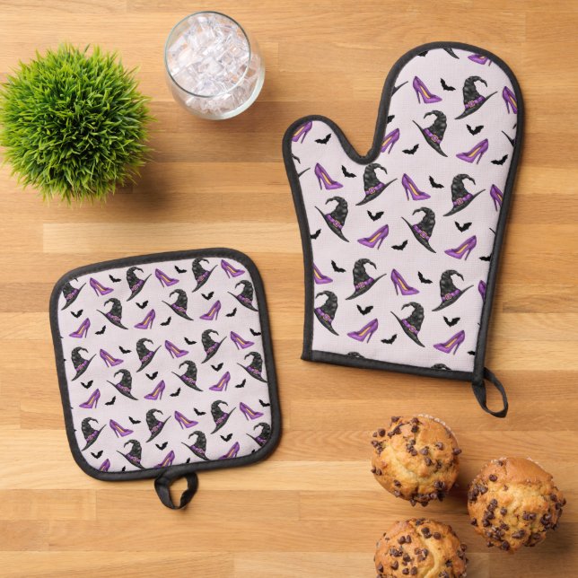Witch Hat Purple Shoes And Bats Halloween Pattern Oven Mitt & Pot Holder Set (Top Down)